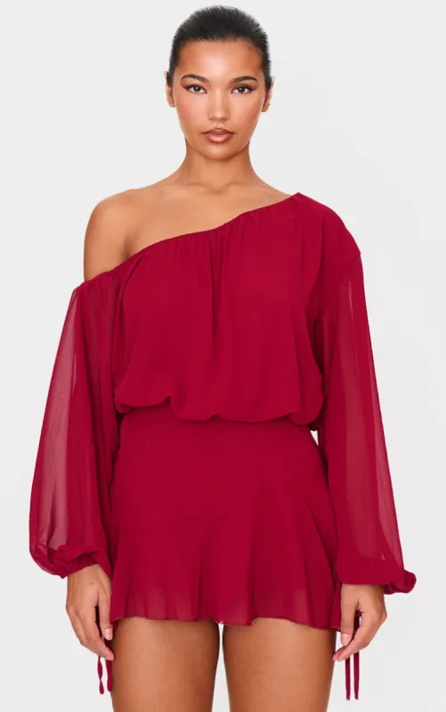 Burgundy Chiffon One Shoulder Floaty Skort Playsuit sold by Pretty Little Thing