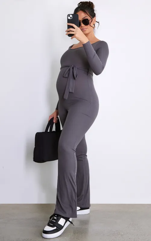 Maternity Grey Rib Tie Waist Jumpsuit sold by Pretty Little Thing