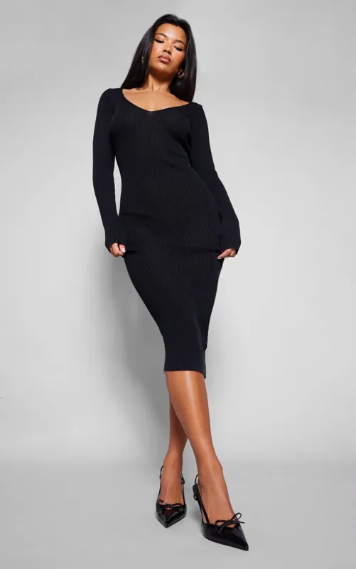 Black V Neck Knit Midi Dress sold by Pretty Little Thing