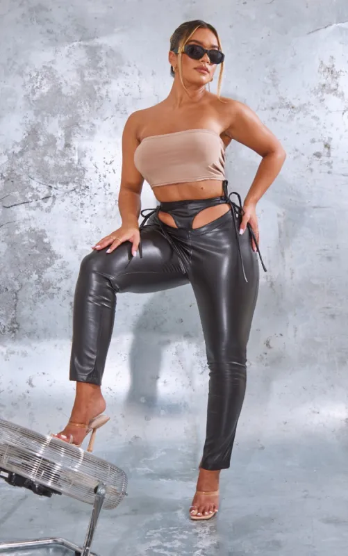 Shape Black PU Tie Detail  Cut Out Straight Leg Trousers sold by Pretty Little Thing