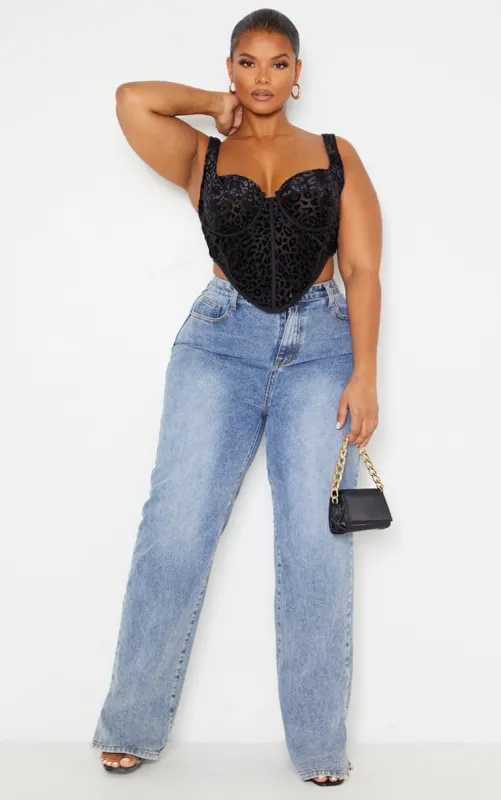 Plus Black Leopard Flocked Print Corset Top sold by Pretty Little Thing