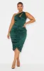 Plus Emerald Green One Shoulder Corset Ruched Satin Midi Dress sold by Pretty Little Thing