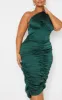 Plus Emerald Green One Shoulder Corset Ruched Satin Midi Dress sold by Pretty Little Thing