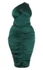 Plus Emerald Green One Shoulder Corset Ruched Satin Midi Dress sold by Pretty Little Thing