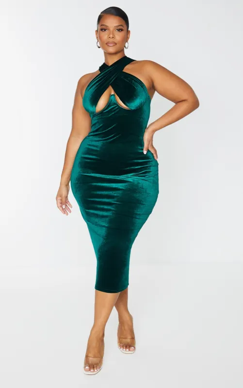 Plus Emerald Green Velvet Underwired Cross Front Midi Dress sold by Pretty Little Thing