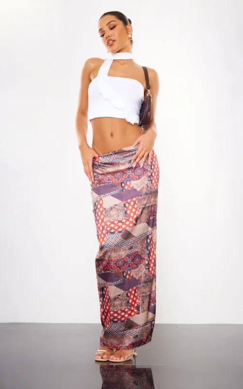 Brown Tie Dye Printed Satin Low Rise Maxi Skirt sold by Pretty Little Thing