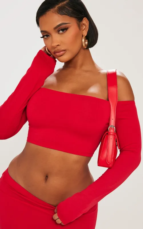 Shape Red Contour Jersey Bardot Long Sleeve Top sold by Pretty Little Thing