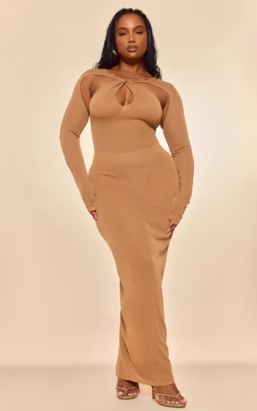 PLT Label Plus Tan Knitted Twist Detail Maxi Dress sold by Pretty Little Thing