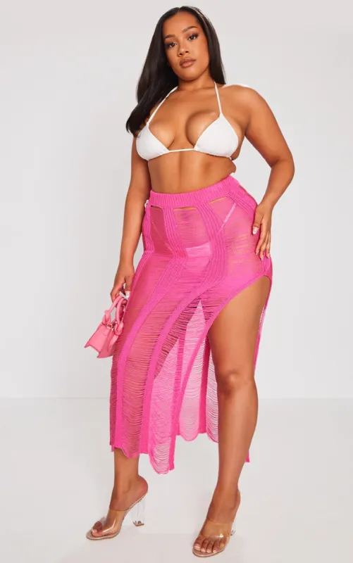 Plus Hot Pink Extreme Distressed Knitted Maxi Skirt sold by Pretty Little Thing