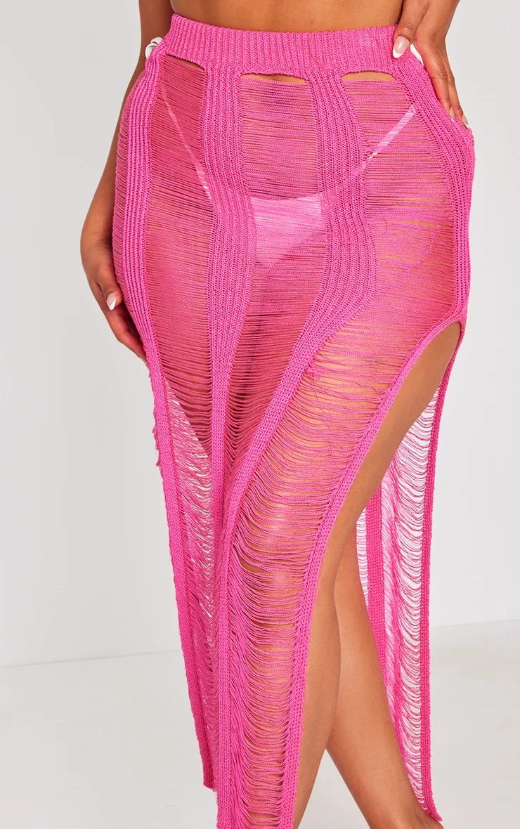 Plus Hot Pink Extreme Distressed Knitted Maxi Skirt sold by Pretty Little Thing product image thumbnail 4