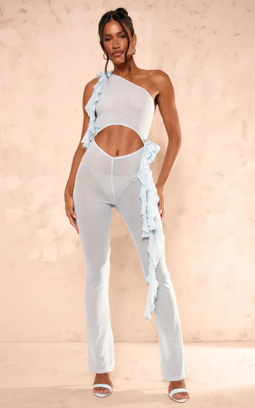 Blue Mesh Rose Applique Cut Out Jumpsuit sold by Pretty Little Thing