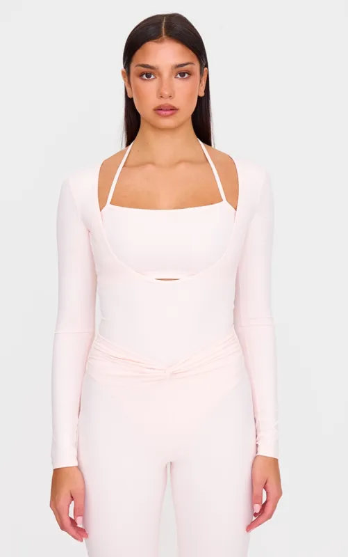 Ballet Pink Sculpt Tie Detail Long Sleeve Bodysuit sold by Pretty Little Thing