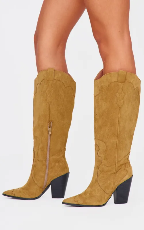 Taupe Wide Fit Faux Suede Point Toe Knee High Heeled Western Boots sold by Pretty Little Thing