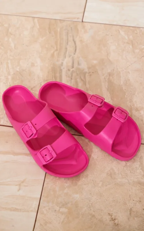Bright Pink Wide Fit Rubber Buckle Footbed Sliders sold by Pretty Little Thing
