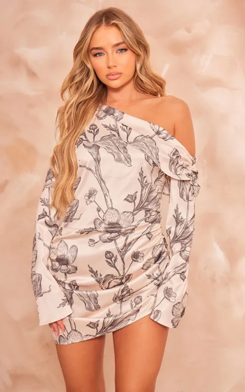 Nude Floral Satin One Shoulder Drape Bodycon Dress sold by Pretty Little Thing