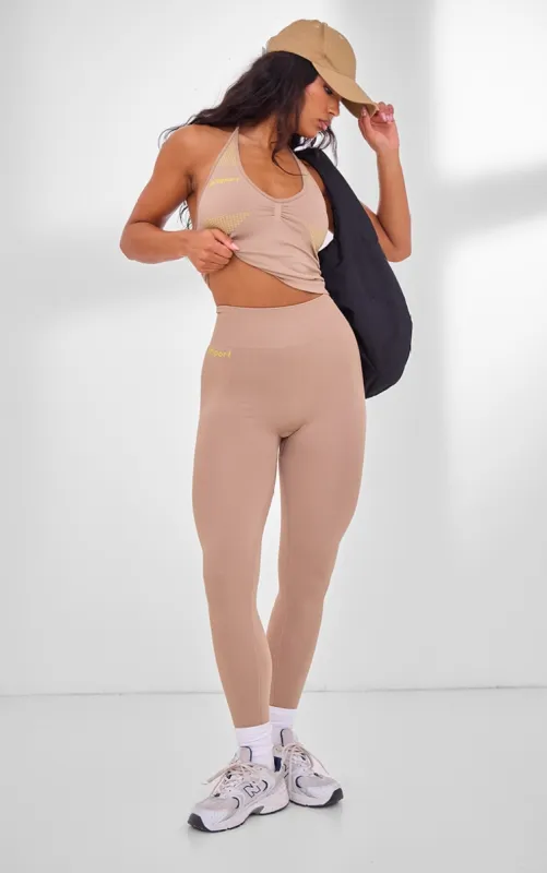 PLT SPORT Light Mocha Seamless Contrast Branding High Waist Leggings sold by Pretty Little Thing