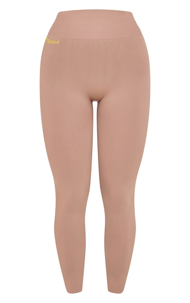 PLT SPORT Light Mocha Seamless Contrast Branding High Waist Leggings sold by Pretty Little Thing product image thumbnail 5