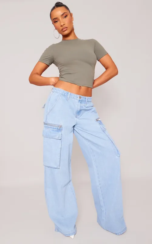 Light Blue Wash Pocket Zip Detail Wide Leg Jeans sold by Pretty Little Thing