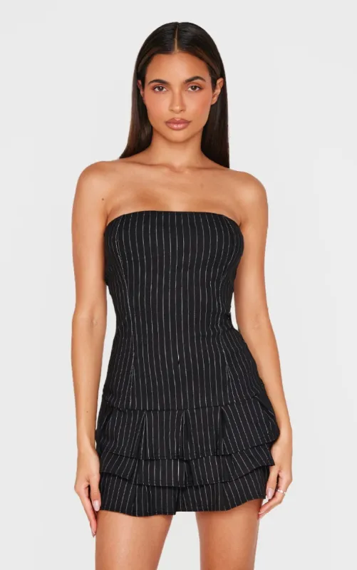 Black Stitch Detail Bandeau Frilled Shift Dress sold by Pretty Little Thing