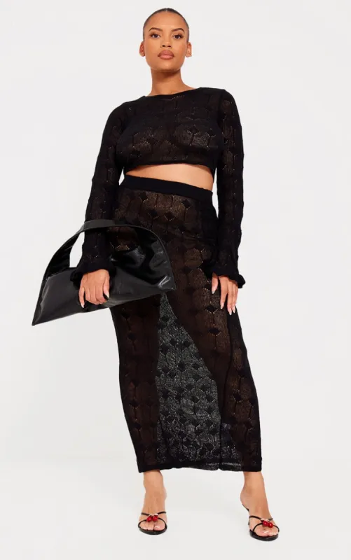 Plus Black Knitted Detail Maxi Skirt sold by Pretty Little Thing