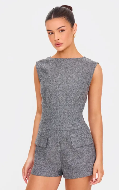 Grey Tweed Sleeveless Pocket Detail Playsuit made by Pretty Little Thing