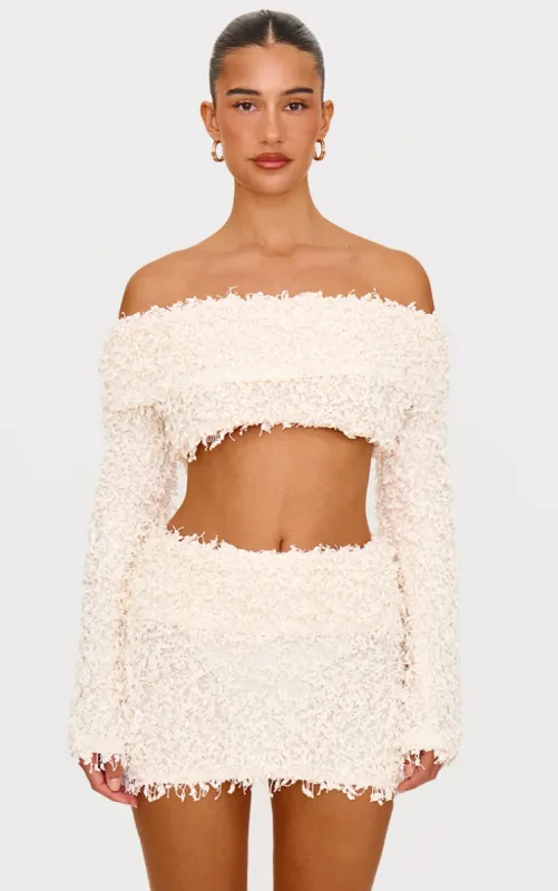 Cream Textured Fold Over Bardot Long Sleeve Crop Top sold by Pretty Little Thing