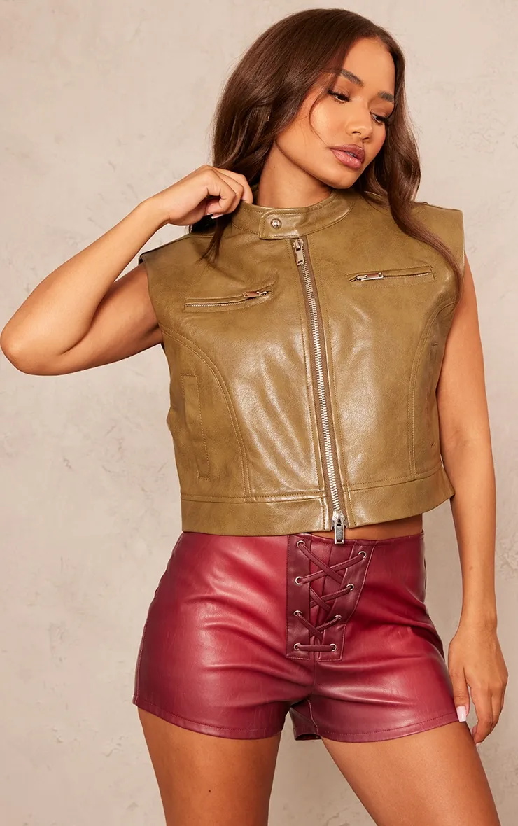 Petite Khaki Sleeveless Collared Faux Leather Gilet sold by Pretty Little Thing product image thumbnail 3