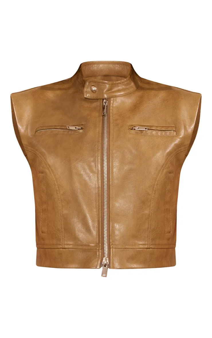 Petite Khaki Sleeveless Collared Faux Leather Gilet sold by Pretty Little Thing product image thumbnail 5