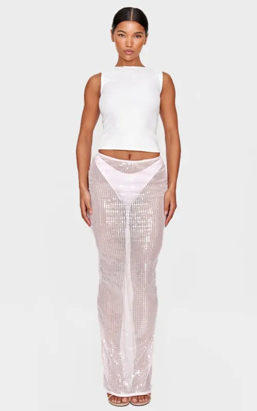 Pink Sheer Sequin Split Back Maxi Skirt sold by Pretty Little Thing
