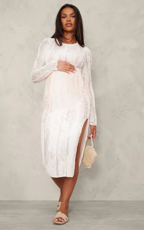 Maternity Cream Textured Midi Dress With Side Split sold by Pretty Little Thing