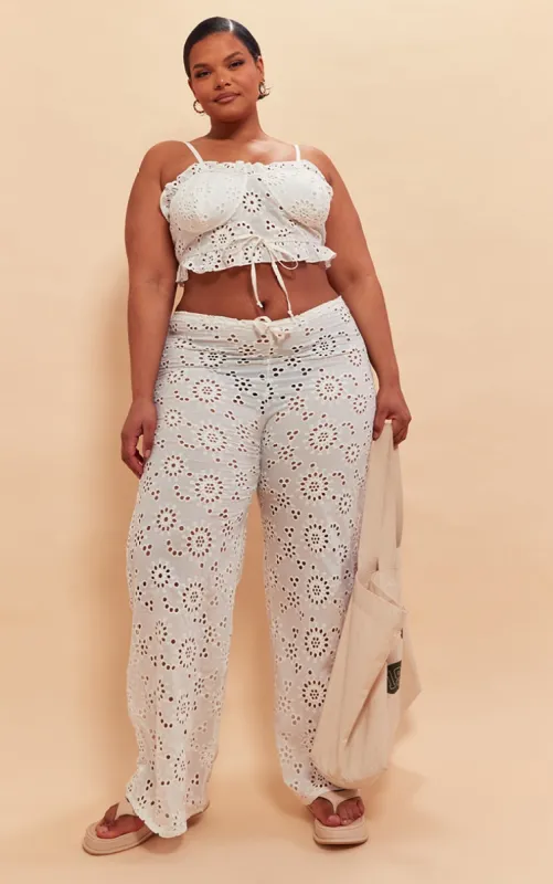 Plus White Flower Detail Wide Leg Trousers sold by Pretty Little Thing