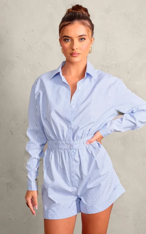 Blue Pinstripe Button Up Shirt Detail Playsuit sold by Pretty Little Thing