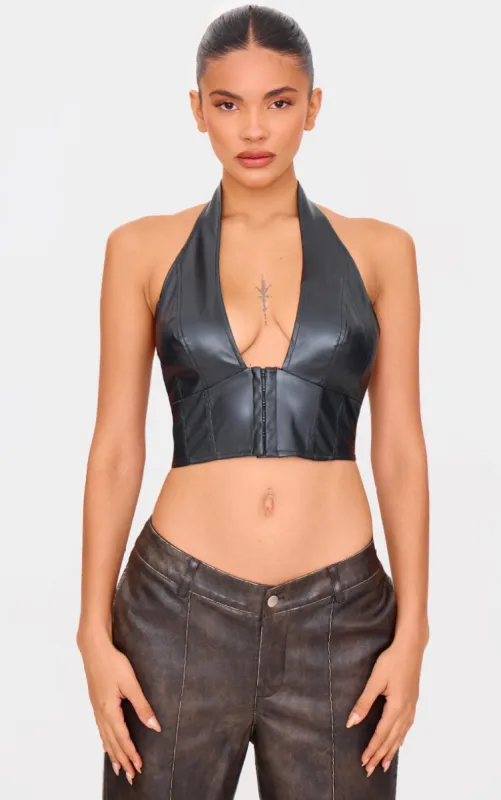 Black Faux Leather Hook & Eye Plunge Crop Top sold by Pretty Little Thing