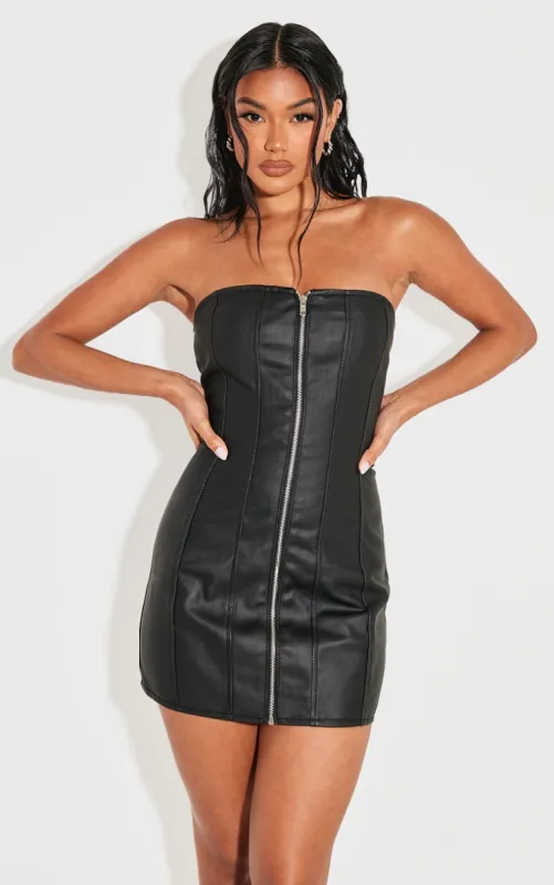 Black Coated Denim Exposed Seam Zip Up Bandeau Dress sold by Pretty Little Thing