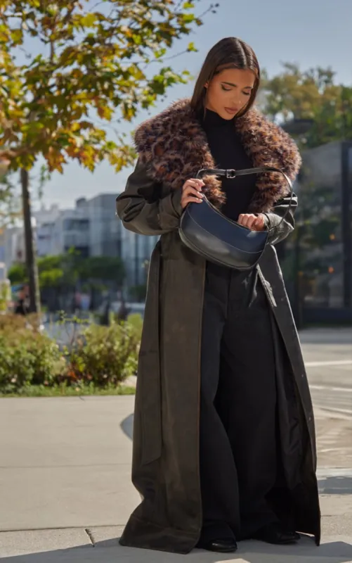 Washed Brown Detachable Leopard Faux Fur Trim PU Trench Coat sold by Pretty Little Thing