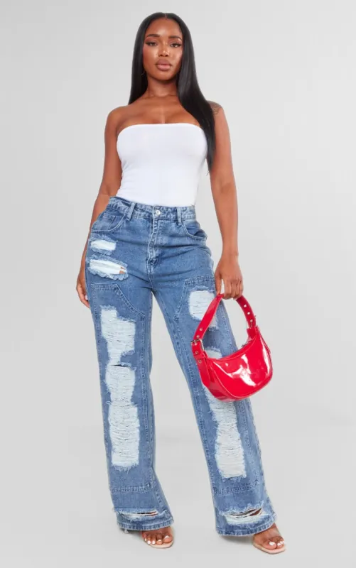 Shape Light Blue Distressed Detail Wide Leg Jeans sold by Pretty Little Thing