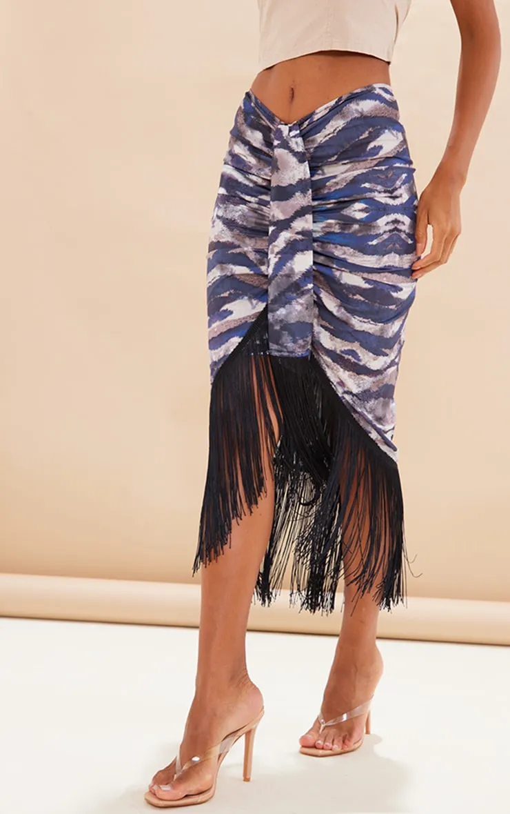 Brown Tiger Print Tassel Hem Midi Skirt sold by Pretty Little Thing product image thumbnail 2