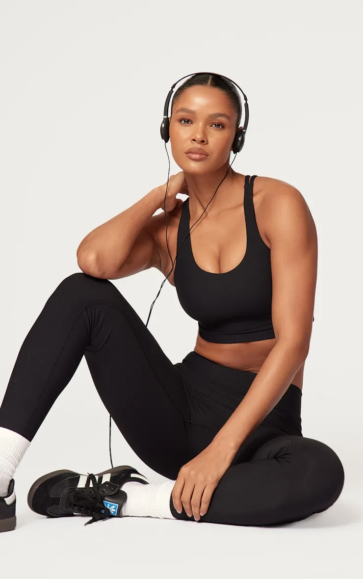 Black Active Rib Strappy Back Sports Bra sold by Pretty Little Thing product image thumbnail 3