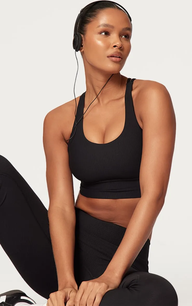 Black Active Rib Strappy Back Sports Bra sold by Pretty Little Thing product image thumbnail 4