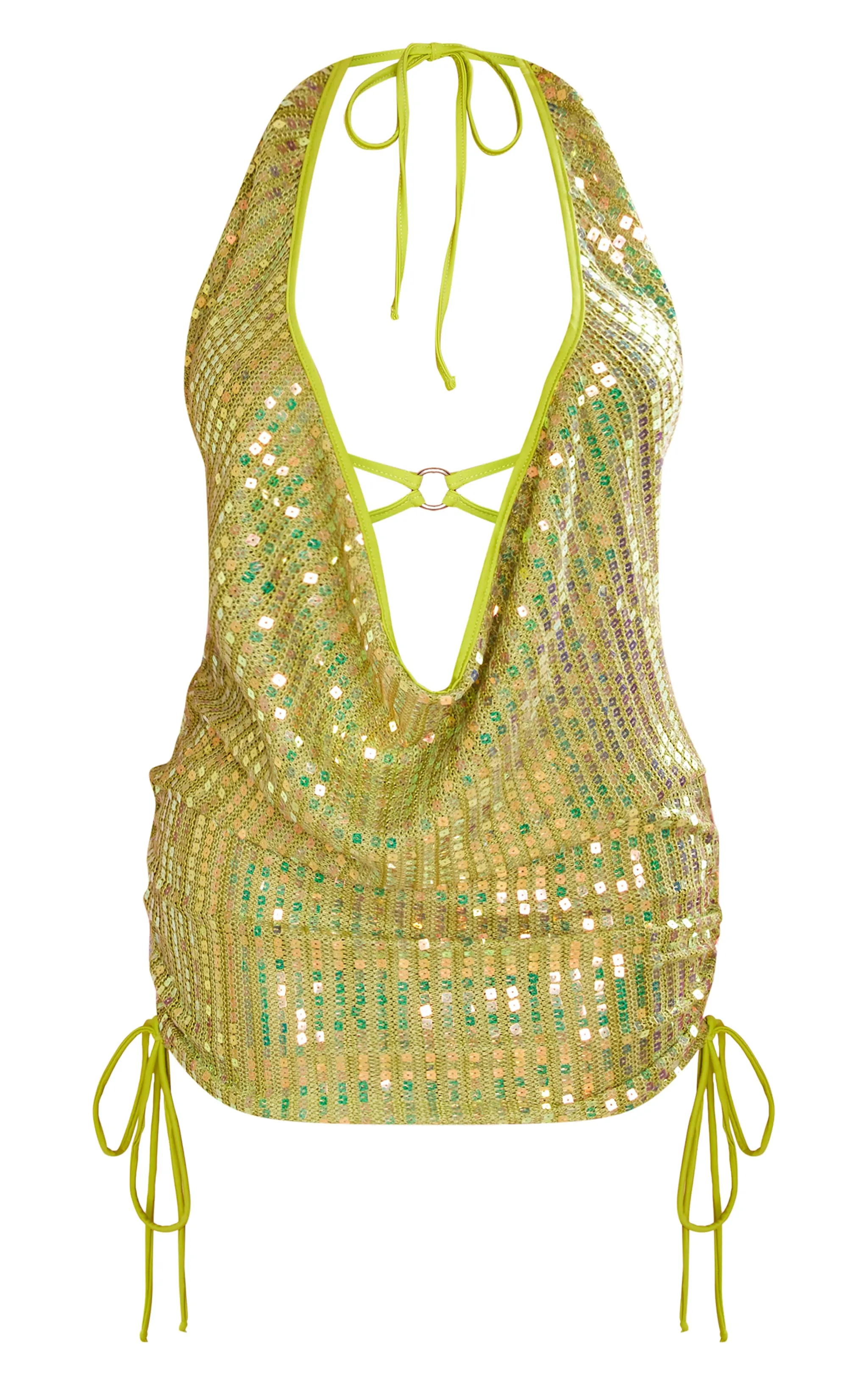 Shape Olive Sequin Halterneck Cowl Cut Out Back Detail Bodycon Dress sold by Pretty Little Thing product image thumbnail 5