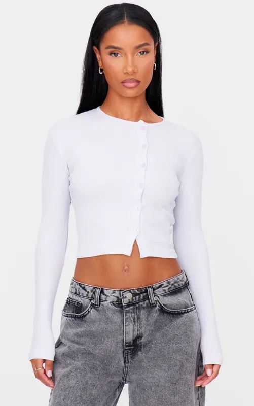 Light Grey Ribbed Aysmmetric Button Down Fitted Long Sleeve Top sold by Pretty Little Thing