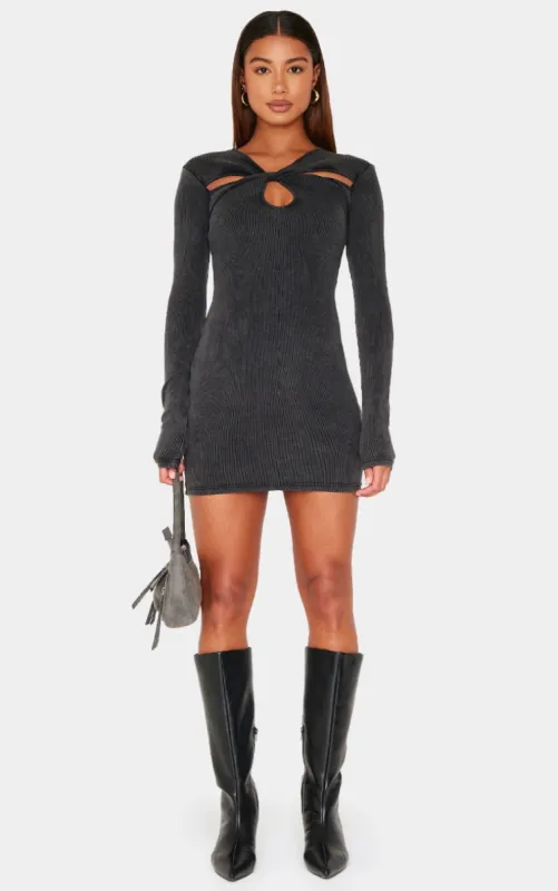 Dark Grey Acid Wash Cut Out Long Sleeve Bodycon Dress sold by Pretty Little Thing