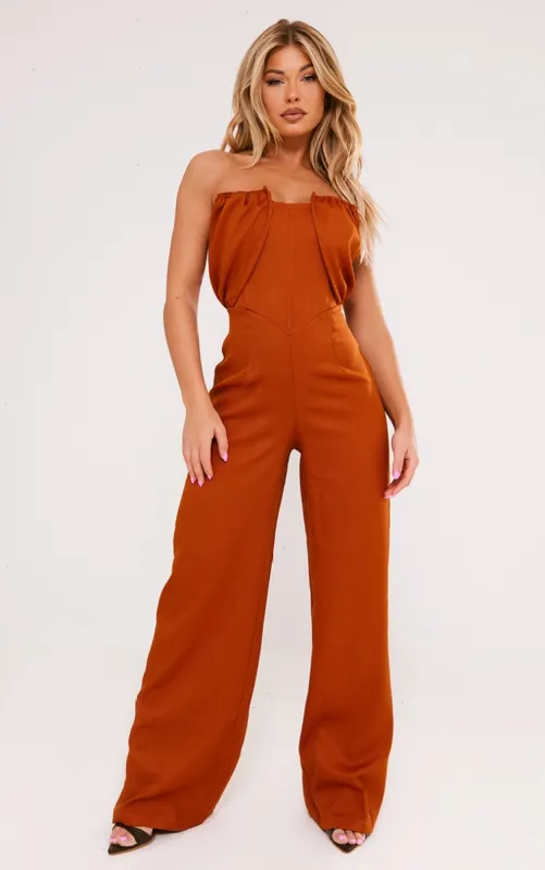 Rust Linen Look Woven Bandeau Boning Detail Jumpsuit sold by Pretty Little Thing