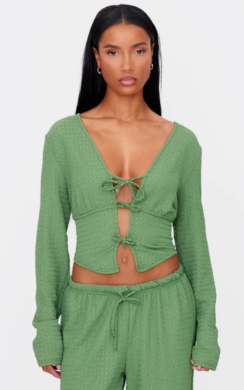 Khaki Textured Tie Front Waistcoat sold by Pretty Little Thing