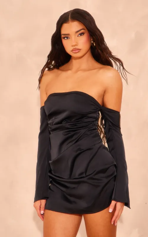 Black Satin Corset Bardot Ruched Long Flared Sleeve Shift Dress sold by Pretty Little Thing