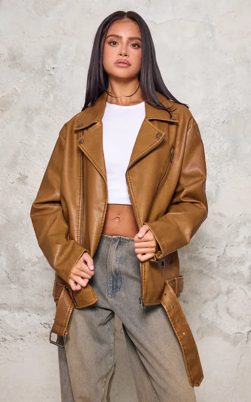 Petite Washed Brown Distressed Look Faux Leather Longline Biker Jacket sold by Pretty Little Thing