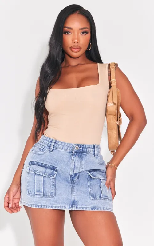 Shape Oatmeal Ribbed Square Neck Sleeveless Bodysuit sold by Pretty Little Thing