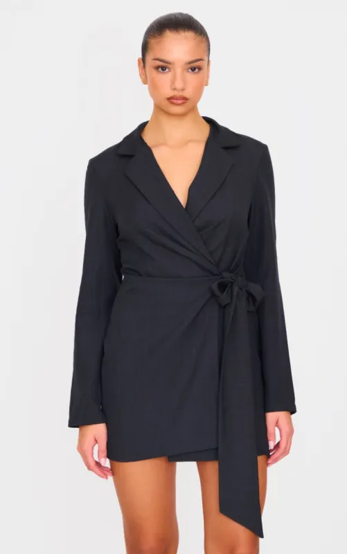  Black Woven Tie Wrap Blazer Dress sold by Pretty Little Thing