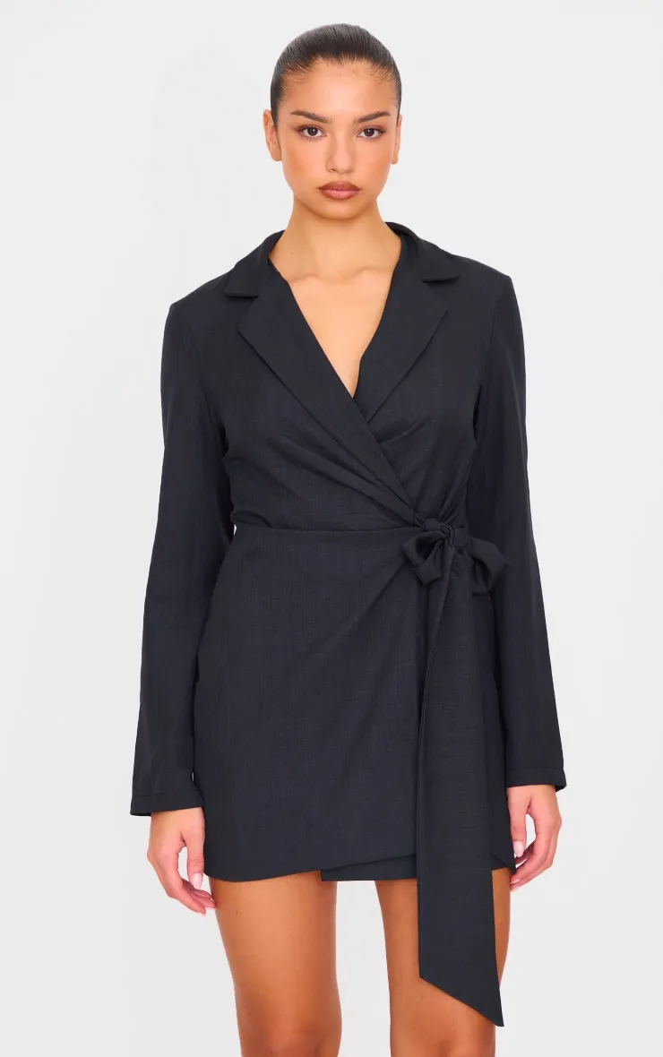 Black Woven Tie Wrap Blazer Dress sold by Pretty Little Thing