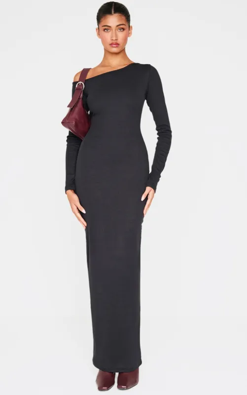 Black Ribbed One Shoulder Long Sleeve Maxi Dress sold by Pretty Little Thing